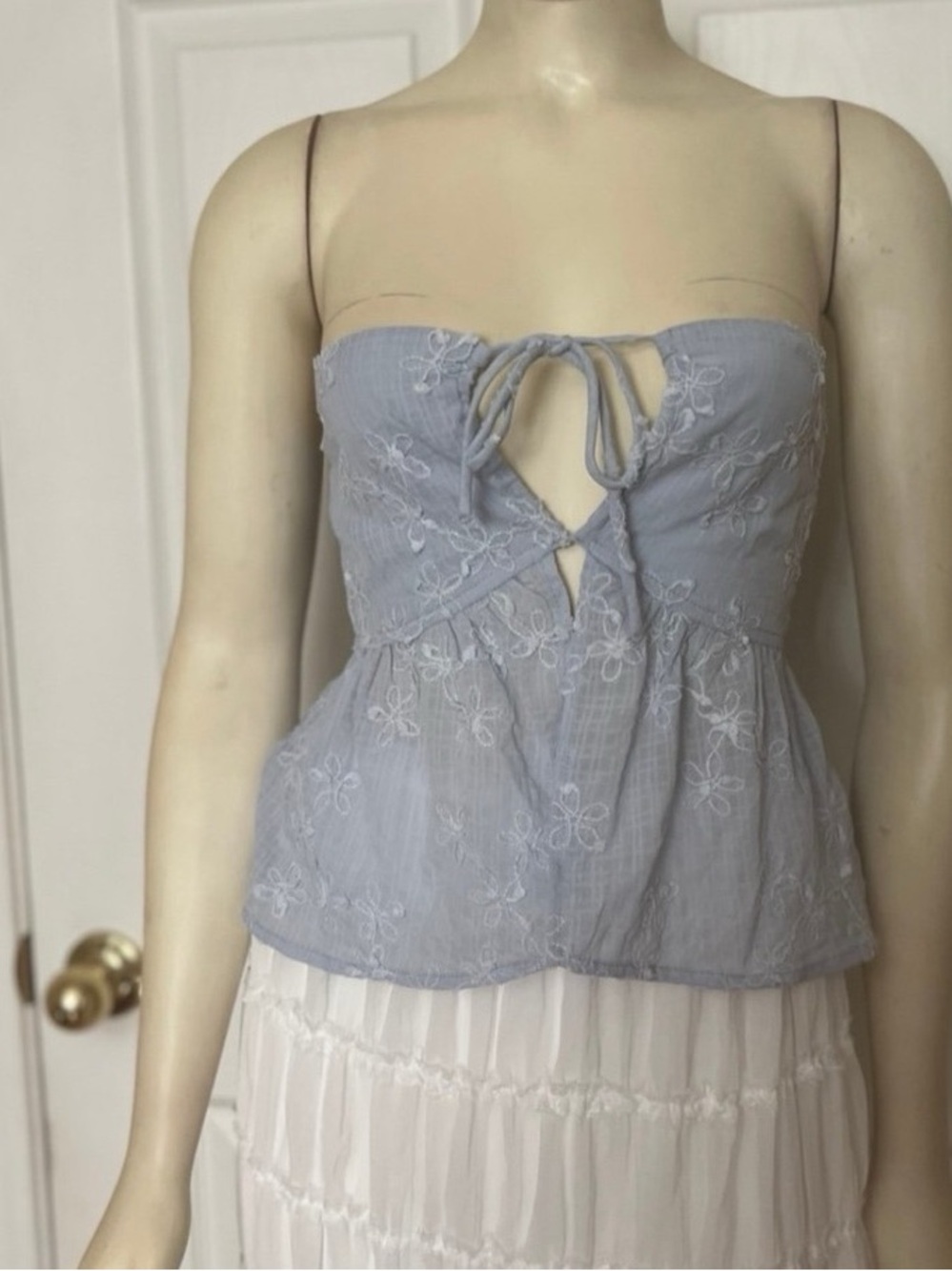 Embroidered Light Blue Tie-Front Strapless Camisole
